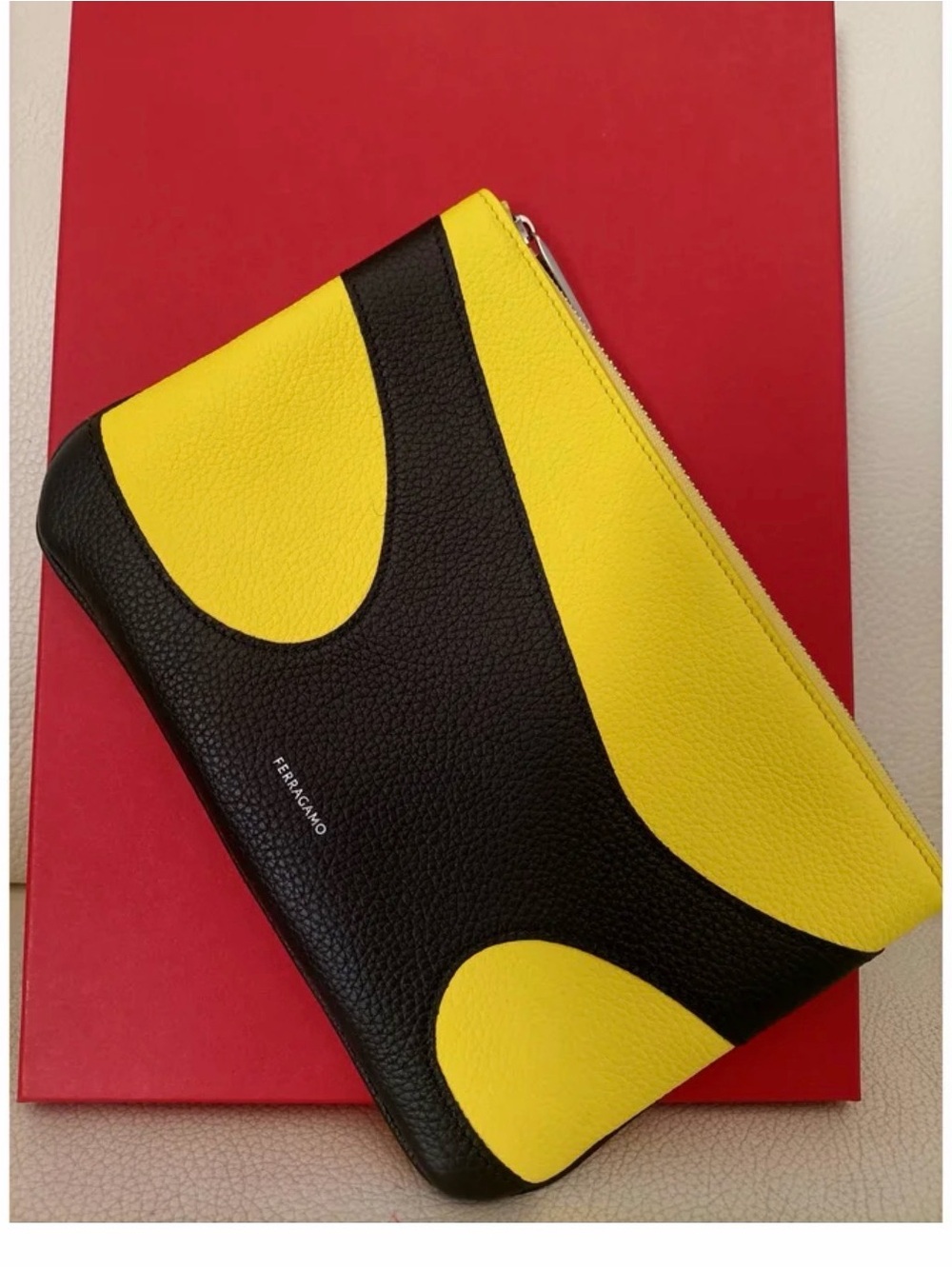 Ferragamo Yellow & Black Leather Zip Clutch - Picture 3 of 6